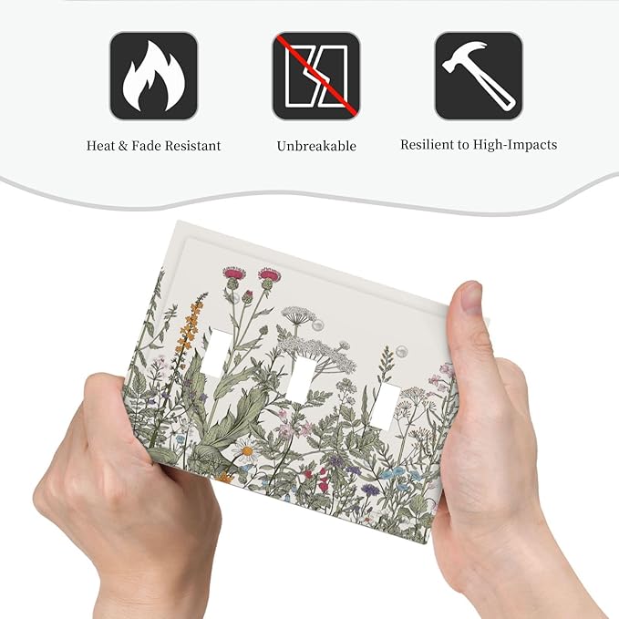 Vintage Colorful Wild Flower Floral 3 Gang Light Switch Cover Decorative Triple Toggle Wall Plate Electrical Faceplate Switch Plug Face Plate