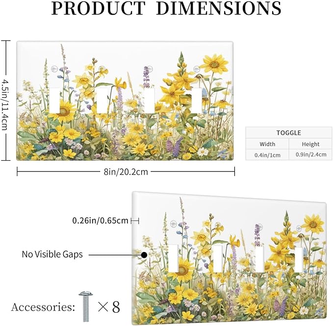 Wildflowers Sunflower Lavender Daisy Floral Light Switch Covers Quad Toggle Electrical Faceplate 4 Gang Wall Plate Decorative Switch Plates Cover for Bedroom Living Room Decor