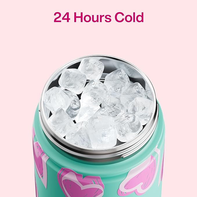 ENCOOL Valentine's Day Insulated Water Bottle with Straw Stainless Steel Water Bottle, Leak-Proof, BPA-Free, Keeps Cold for 24 Hours for Sports, Travel, School (26 oz, Sketch Hearts Violet x Mint)