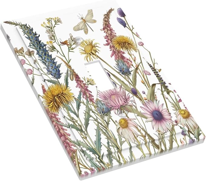 Light Switch Cover Plate Botanical Wildflowers Dragonfly Colorful Floral 1 Gang Single Toggle Decorative Switch Plates Wall Plates Electrical Faceplate for Bathroom Bedroom Decor