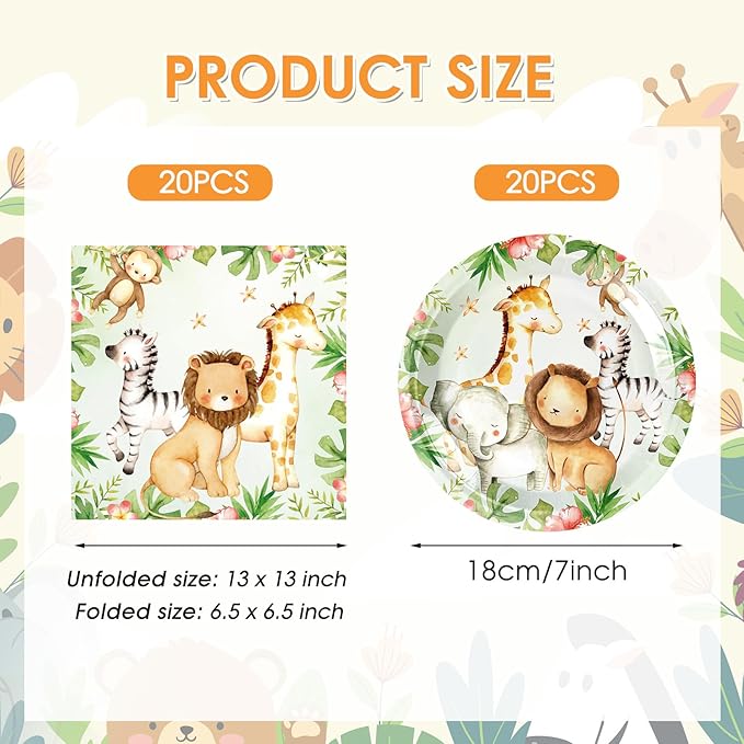 40PCS Jungle Safari Birthday Decorations Disposable Tableware Set Safari Jungle Themed Party Dessert Plates, Napkins Baby Shower Animal Birthday Party Decorations for Boys Girls