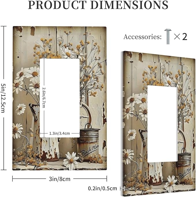 Rustic Flowers Daisy Floral White Wooden Planks Decorative Outlet Covers 1 Gang Single Rocker Light Switch Cover Plate Wall Plates GFCI Faceplate for Farmhouse Home Decor