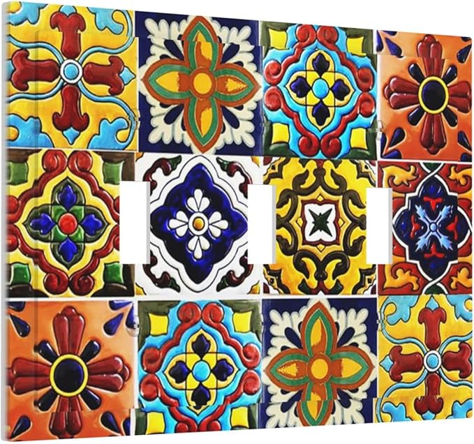Colorful Boho Mexican Moroccan Tile Decorative Triple Toggle Outlet Light Switch Cover Vintage Kitchen Bohemian Mexico Tiles Jungle 3 Gang Wall Plate Electrical Faceplate Three Device Switchplate