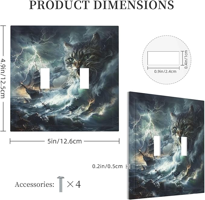Light Switch Cover Plate funny Cat Stormy sea Lightning Sailboats 2 Gang Double Toggle Decorative Switch Plates Wall Plates Electrical Faceplate for Bathroom Kid Room Decor