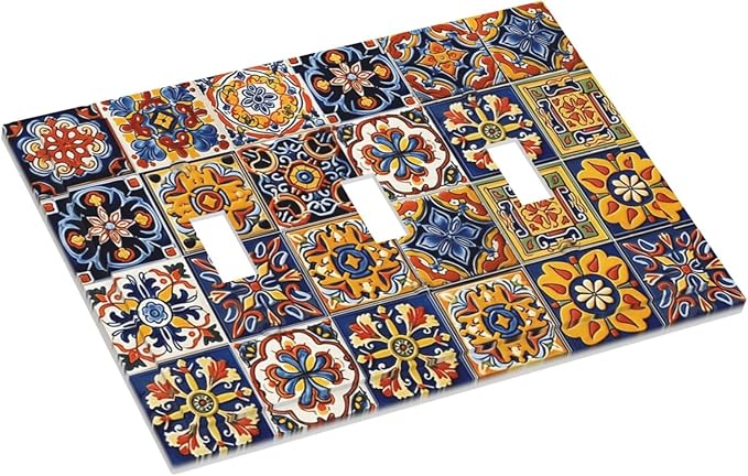 Mexican Talavera Tiles Flower Vintage Decorative Switch Plates 3 Gang Wall Plate Triple Toggle Light Switch Cover Faceplate Electrical Wall Panels for Kitchen Bathroom Decor