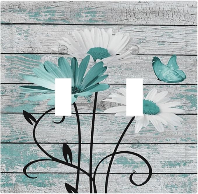Teal White Daisy Flower Butterfly On Rustic Wood Board Decorative Switch Plates 2 Gang Double Toggle Outlet Light Switch Cover Wall Plate Electrical Faceplate for Farmhouse Bedroom Decor