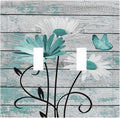 Teal White Daisy Flower Butterfly On Rustic Wood Board Decorative Switch Plates 2 Gang Double Toggle Outlet Light Switch Cover Wall Plate Electrical Faceplate for Farmhouse Bedroom Decor
