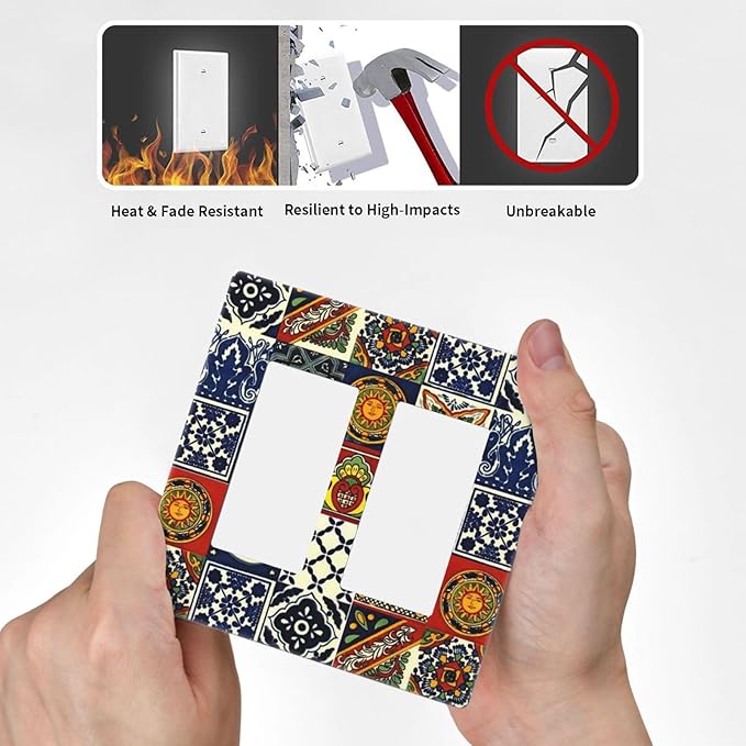 Mystic Aesthetic Blue/Red Boho Sun Moon Tile 2 Gang Double Decorator GFCI/Rocker Wall Plate Mexican Talavera Bohemian Tiles Electrical Outlet Decorative Receptacle Cover Light Switch for Dimmer, USB