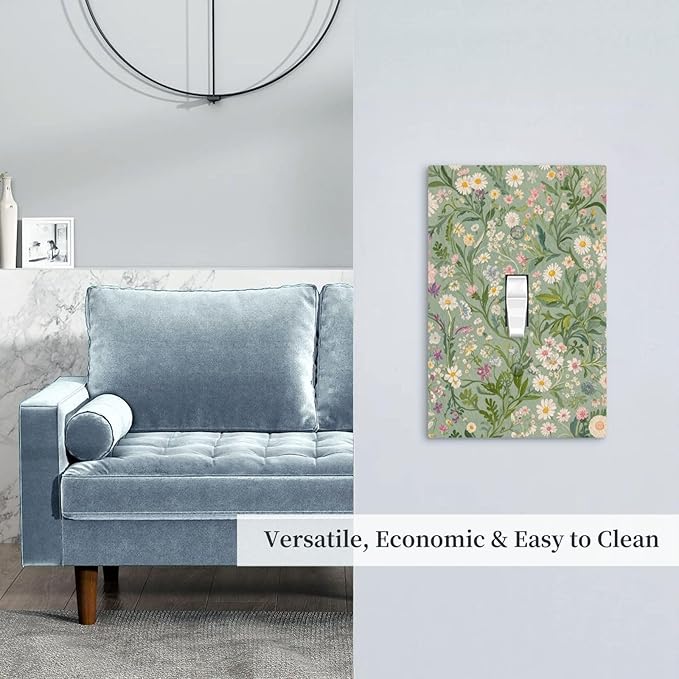 Decorative Switch Cover Plate with Vintage Wildflowers & Daisies on Light Green Background Design Single Gang Toggle Switch Plate Light Switch Covers Artistic Faceplate