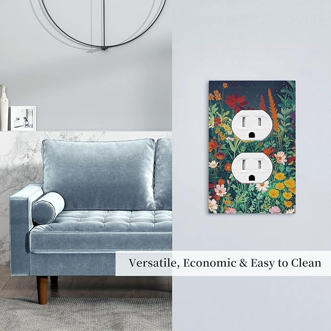 Decorative Outlet Covers with Wildflowers & Stars Botanical Floral Art Design 1 Gang Duplex Light Switch Cover Plate Unique Wall Plates Switchplate Cover for Garden Theme Wall Decor