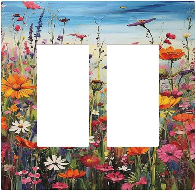 Colorful Wildflowers Painting Floral Flower Decorative Outlet Covers 2 Gang Double GFCI Rocker Electrical Wall Panels Light Switch Cover Plate for Bedroom Living Room Decor