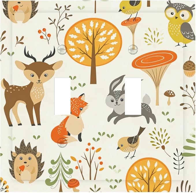 Cute Woodland Animals Double Toggle Switch Cover - 2-Gang Standard US Size Forest Pattern Trees Mushrooms and Berries Light Switch Covers for Boys & Girls Bedroom Decor