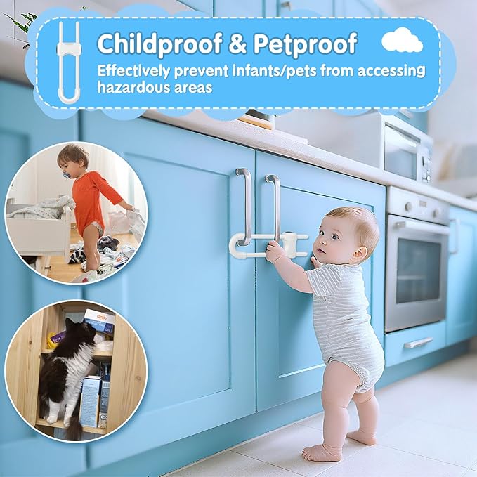 Modacraft 15 Pcs Sliding Cabinet Latches, U Shaped Cabinet Door Locks, Baby Cabinet Safety Latches for Baby Proofing, No Drilling Tool-Free Installation Easy to Use for Knobs or Handle Double Door