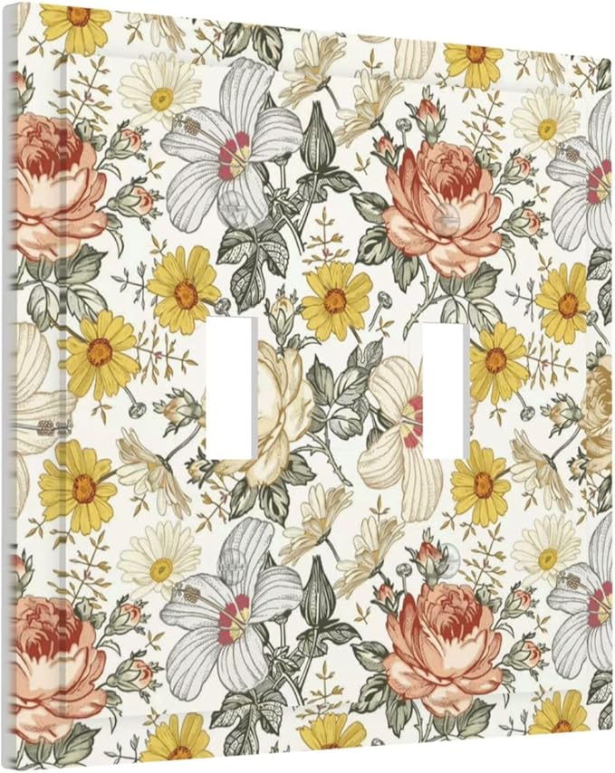 Multicolor Peony Daisy Vintage Floral Flower Decorative Switch Plates 2 Gang Double Toggle Outlet Light Switch Cover Wall Plate Electrical Faceplate for Bedroom Living Room Decor