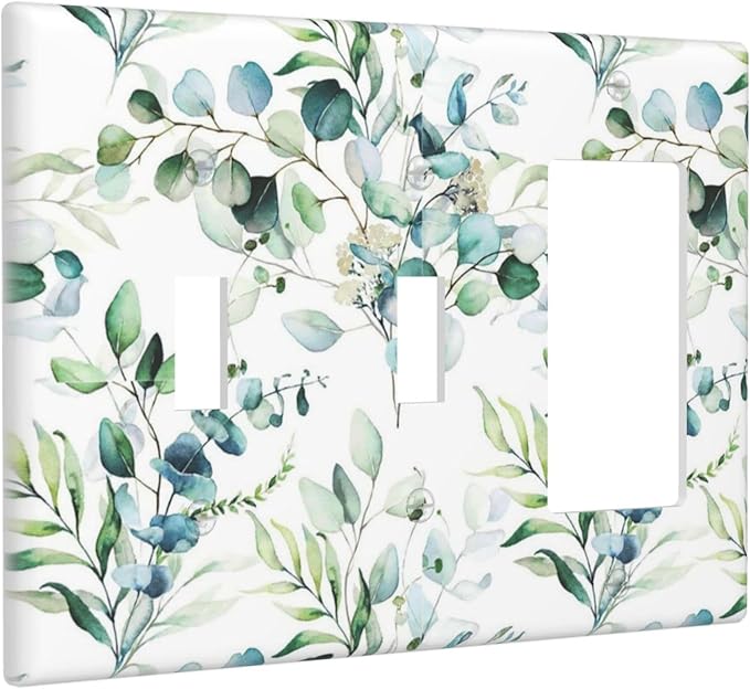Green Olive Sage Eucalyptus Leaves 3-Gang 2-Toggle 1-GFCI/Decorator Combination Light Switch Decorative Triple Combo Device Switches/Rocker Outlet Covers and Wall Plate