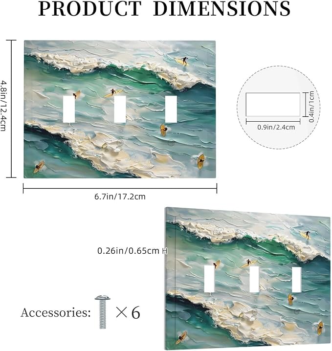 Beach Waves Ocean Surfing Hoverboard Painting Print Decorative Switch Plates 3 Gang Wall Plate Triple Toggle Light Switch Cover Faceplate Electrical Wall Panels for Bedroom Living Room Decor