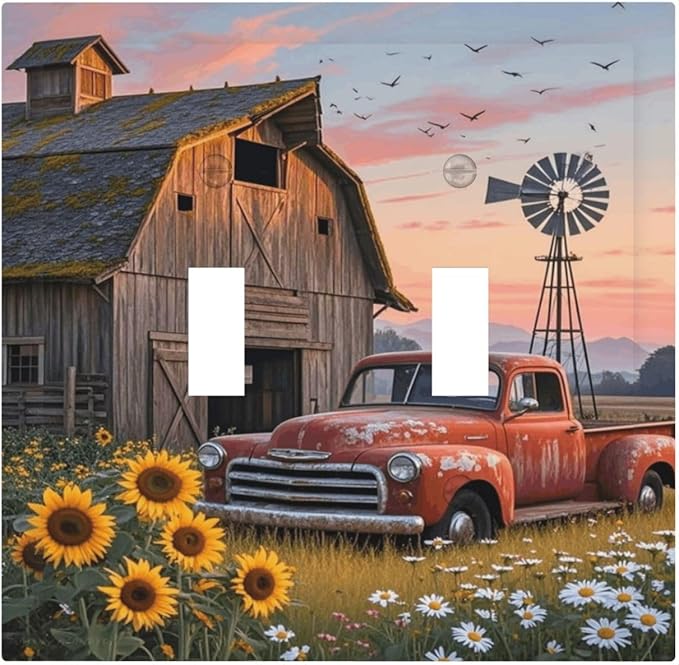 Rustic Barn Red Truck Windmill Sunflower Decorative Switch Plates 2 Gang Double Toggle Outlet Light Switch Cover Wall Plate Electrical Faceplate for Farmhouse Home Decor