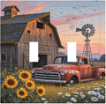 Rustic Barn Red Truck Windmill Sunflower Decorative Switch Plates 2 Gang Double Toggle Outlet Light Switch Cover Wall Plate Electrical Faceplate for Farmhouse Home Decor