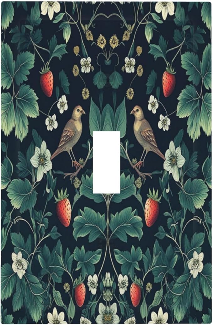 Decorative Light Switch Cover Strawberry Birds Flowers Plant Morris Floral 1 Gang Single Toggle Device Electrical Faceplate Switchplates Decorator Outlet Wall Plate for Bedroom Farmhouse