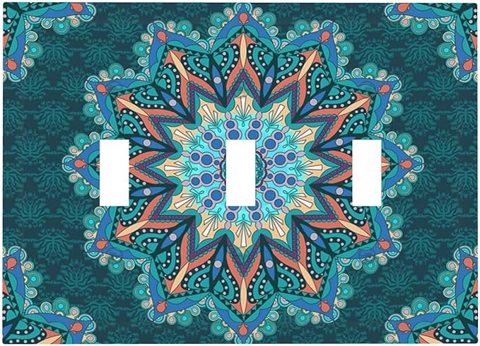 Light Switch Cover Boho Hippie Colorful Mandala 3 Gang Wall Plate Triple Light Switch Plate Toggle Decorative Outlet Covers Electrical Switchplate for Bathroom Home Decor