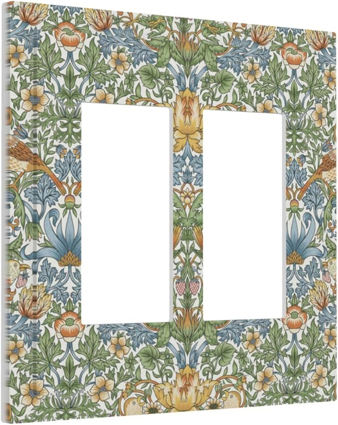 William Morris Strawberry Thrush Birds Double Rocker Light Switch Cover Vintage Floral Flowers Plant 2 Gang Outlet Covers Switchplates Decorative Electrical Wall Plate for Country Home Decor