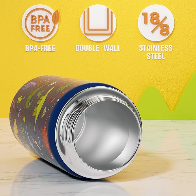 Fimibuke Kids Insulated Water Bottle, 14oz BPA FREE 18/8 Stainless Steel Travel Tumbler Double Wall Vacuum Leak Proof Kids Cup with Straw Metal Bottle for School Boys Girls(1 Pack, BLUE DINOSAUR)