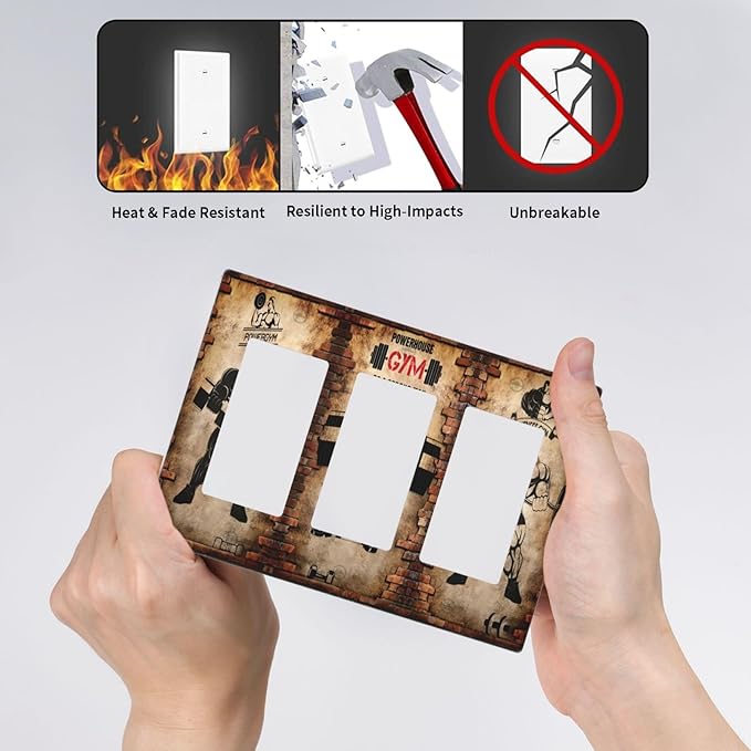 Vintage Gym Retro Brick Dumbbell Triple Rocker Wall Plates Light Switch Plate Covers Decorative GFCI Lightswitch Faceplate Dimmer for Bedroom Kidroom Bathroom Gyms Decor