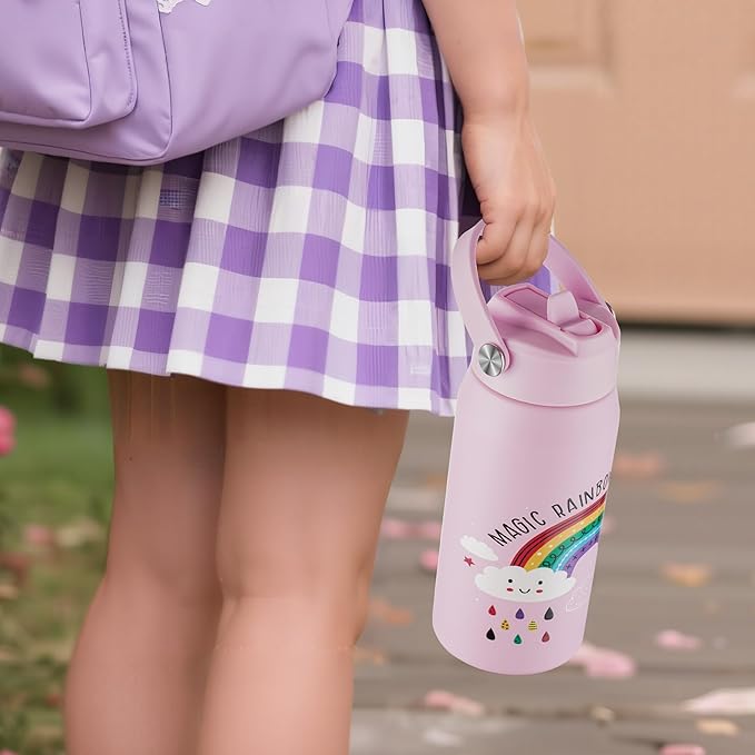 OLDLEY kids Water Bottle - 18oz Insulated Stainless Steel - Wide Straw Lid, Non Spill, Leakproof, Kids Water Bottle for School,Rainbow