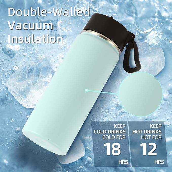 Volhoply 18oz Insulated Water Bottle Bulk 2 Pack,Kids Stainless Steel Water Bottles with Straw,Wide Mouth Reusable Metal Water Bottle,Double Wall Vacuum Sport Flask For Cold Drink(Fog,2 Set)
