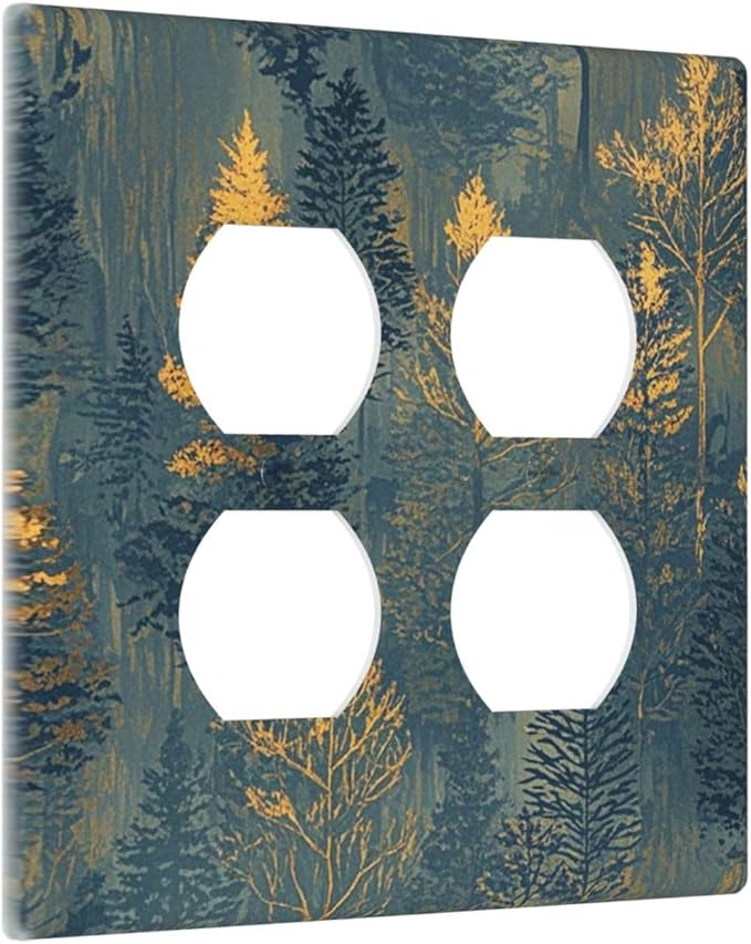 Decorative Outlet Covers with Golden Trees & Abstract Gradient Forest Landscape Design 2 Gang Wall Plate Double Duplex Receptacle Light Switch Cover Switch Plate Cover Blue Retro Home Decor
