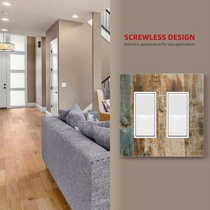 Brown Wood 2 Gang Double Rocker/Decor Light Switch Cover Decorative Outlet Wall Plate Electrical Faceplate Home Bedroom Art Panel Decor Screwless 4.7" x 4.6