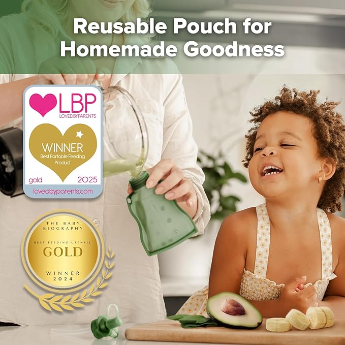 haakaa Baby Food Pouch Refillable Baby Squeeze Silicone Yummy Pouch, Soft Reusable Squeeze Storage Food Pouch for Kids Toddler,Home Made Food Puree,Smoothie Pouch Bag, 4oz, 4 Pack,6m+(Pea Green)