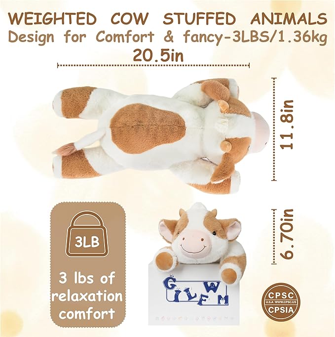 GILFWM Weighted Stuffed Animals Cow - 20.5" Cute Toy Pillow Plushie Gifts for Kids Boys Girls & Adults, 3 lbs Soft Washable Plush Pillowfort