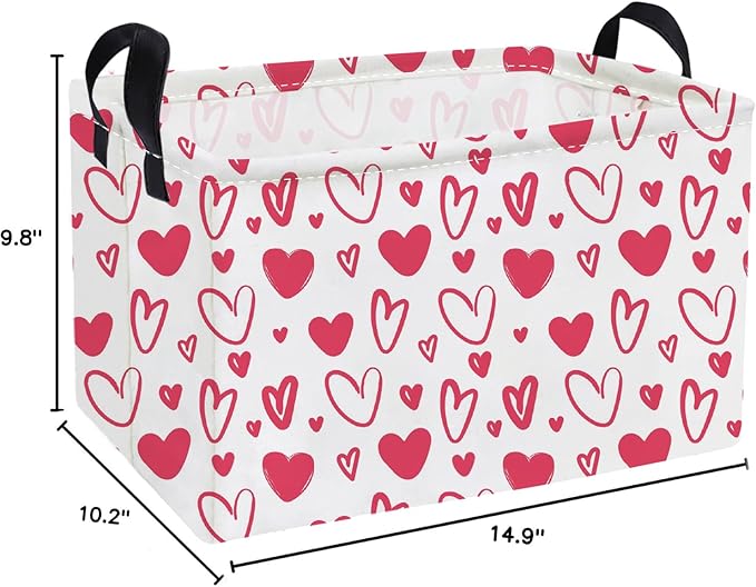 Essme Rectangular Valentine's Day Basket,Pink Heart Storage Bins Organizer with Handles for Girls Room Decor, Gift Basket,Shelf Basket.(Pink Valentine's Day)