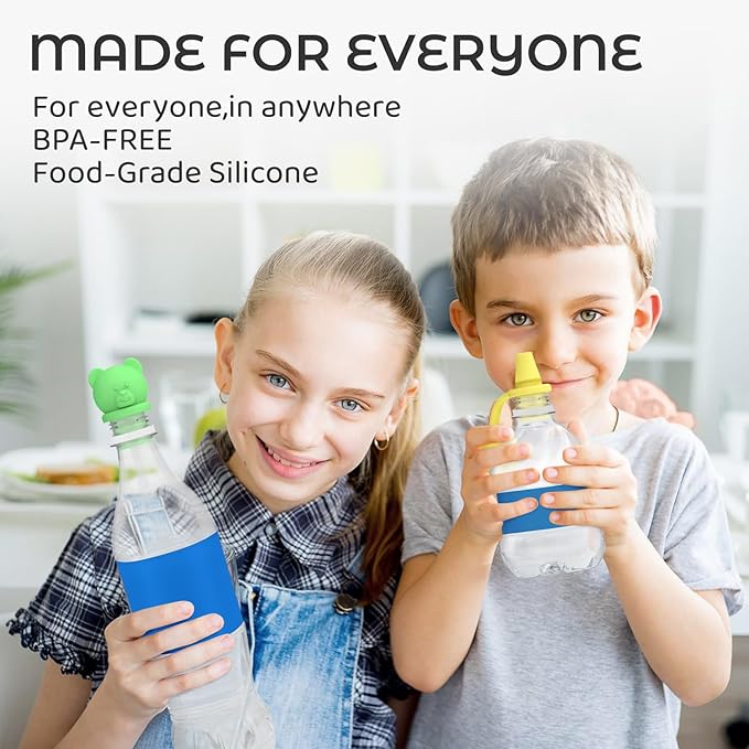 No Spill Water Bottle Caps - BPA Free Silicone Top Protects Child's Mouth, Replacement Spout Adapter for Toddlers to Adults - 4 Pack (Blue, Green, Yellow, Orange)