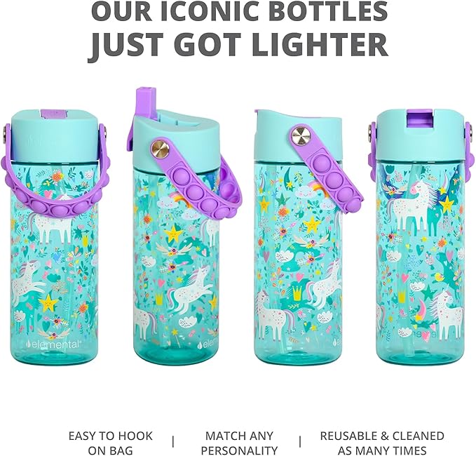 Elemental Leak Proof Water Bottles for Kids - Splash Kids Water Bottle for School with Pop-it Handle - Tritan Plastic Water Bottle with Straw - Unicorn & Rose - 18oz (2 Pack)