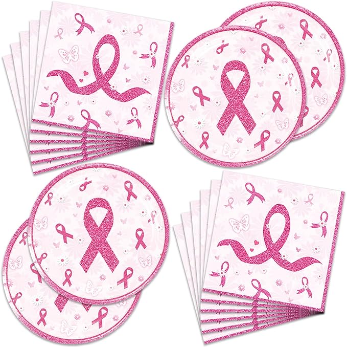 48Pcs Breast Cancer Party Decorations Include Plates Napkins Guests Cancer Free Party Decorations Serve 24 Guests Breast Cancer Party Supplies