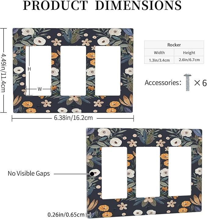 Boho Leaf Floral Navy Blue Background 3 Gang Rocker Light Switch Covers Triple Outlet Wall Plate Decorative Switchplate Cover Faceplate GFCI for Farmhouse Country Bedroom Decor
