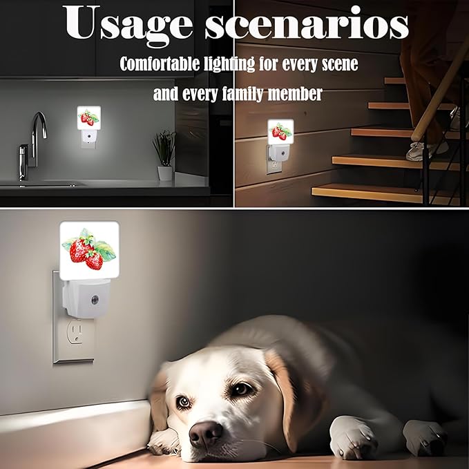 Watercolor Cute Strawberry Night Light,Plug Into Wall with Dusk to Dawn Light Sensors, Warm Nightlights for Bedroom, Bathroom, Hallway, Kitchen, Gifts Ideal for Boys Girls Women Men
