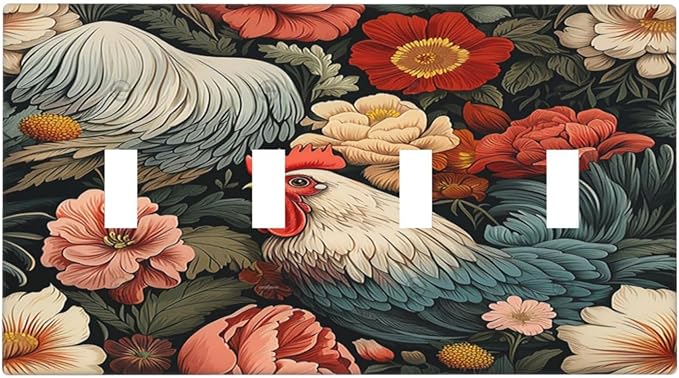 Light Switch Covers Rooster Flowers Red White Chicken Floral Quad Toggle Electrical Faceplate 4 Gang Wall Plate Decorative Switch Plates for living Room Farmhouse Decor