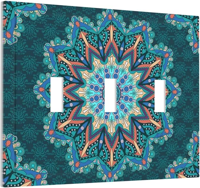 Light Switch Cover Boho Hippie Colorful Mandala 3 Gang Wall Plate Triple Light Switch Plate Toggle Decorative Outlet Covers Electrical Switchplate for Bathroom Home Decor