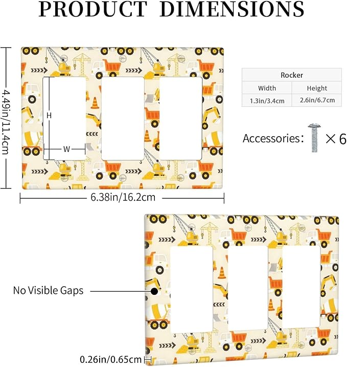 Decorative Outlet Covers Construction Vehicle Yellow Trucks Diggers 3 Gang Light Switch Cover Plate Triple Rocker Wall Plates for Electrical Outlets Switch Plate Covers for Home Decor