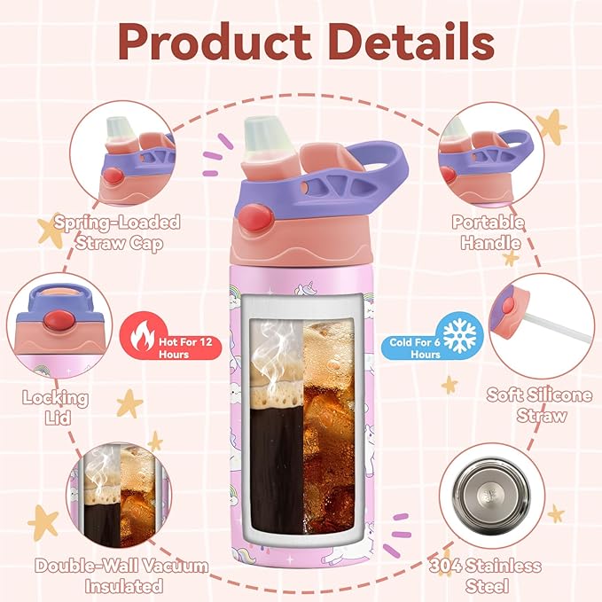 12oz Girl Water Bottle with Straw Lid & Handle - Unicorn Leak Proof Water Bottles Kids, Double-Wall Stainless Steel Pop-top Lid Pink Kids Insulated Bottles for School, Gift Cup for Kid