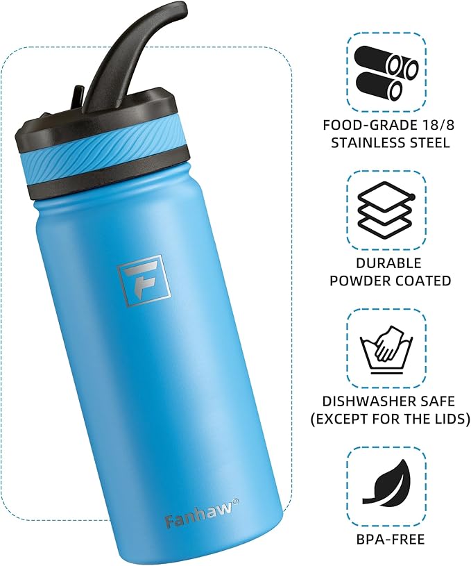 Fanhaw 18 Oz Kids Insulated Water Bottle with Straw Lid – Stainless Steel Double Wall Vacuum, Leak-Proof, BPA-Free Water Bottles for School Boys & Girls(Sky Blue)