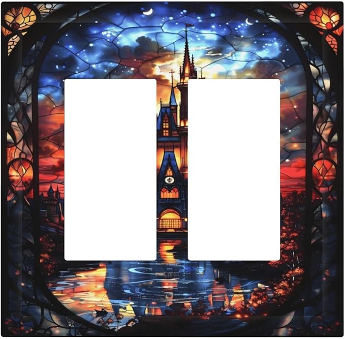 Medieval Fantasy Castle Magic Academy Decorative Outlet Covers 2 Gang Double GFCI Rocker Electrical Wall Panels Light Switch Cover Plate for Kids Room Bedroom Decor