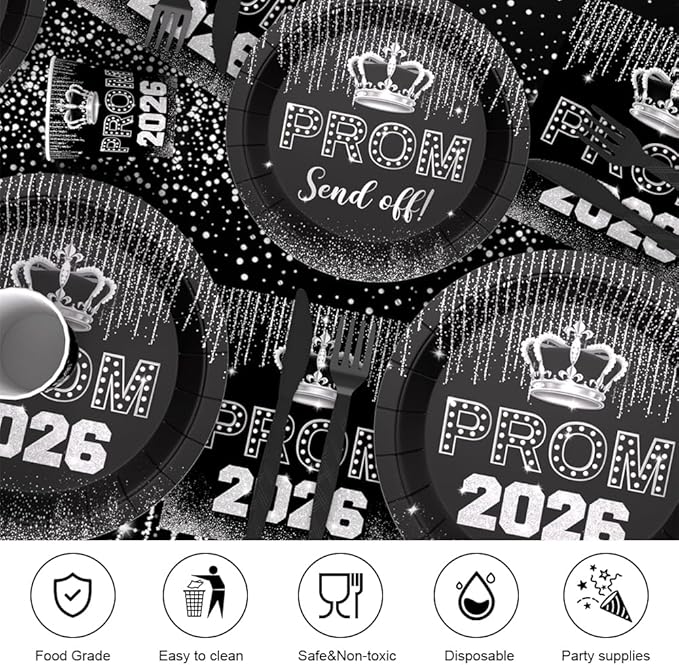 AIBIIN 145PCS Prom Send Off Decorations 2026 Black and Silver Prom Paper Plates Cups and Napkins Sets 2026 Graduation Party Supplies Disposable Tableware Set with Tablecloth Serves 24 Guests