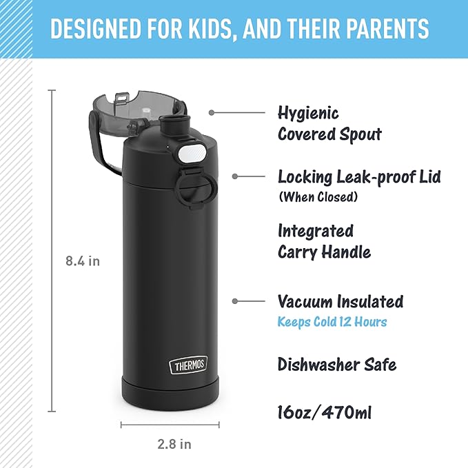 THERMOS FUNTAINER 16 Ounce Stainless Steel Vacuum Insulated Bottle with Wide Spout Lid,Black Matte,(Pack of 6)