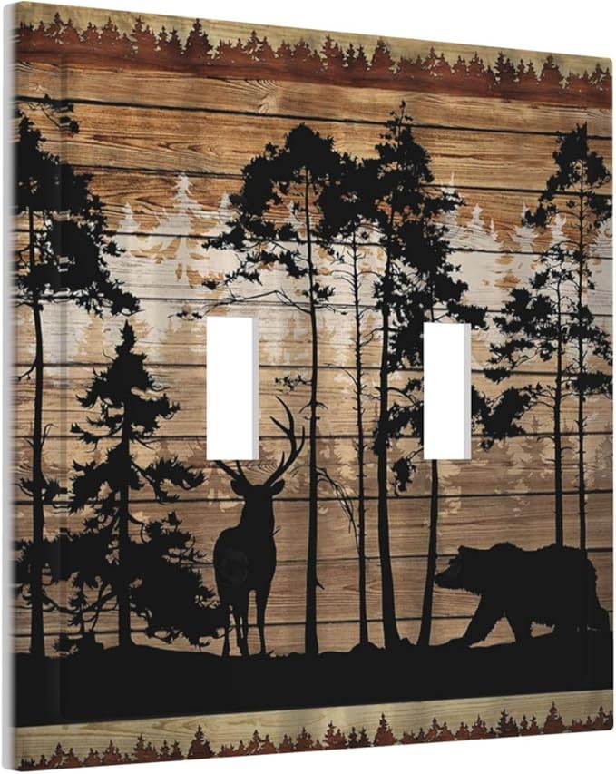 Deer Bear Elk Wildlife Decorative Double Toggle Outlet Light Switch Cover Mountain Woodland Hunting Forest Lodge Cottage Camo Jungle 2 Gang Wall Plate Electrical Faceplate Dual Device Switchplate