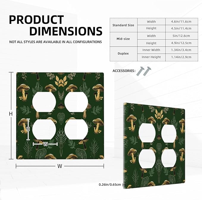 Decorative Outlet Covers Cute Gold Mushtroom Green Plant Leaf 2 Gang Light Switch Cover Plate Double Duplex Wall Plates for Electrical Outlets Switch Plate Covers for Bedroom Home Decor