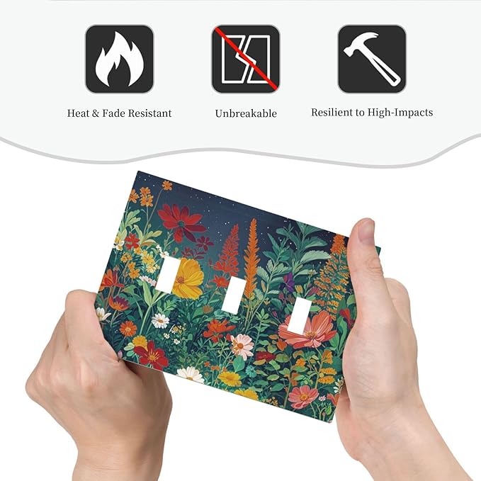 Decorative Switch Plate Cover with Wildflowers & Stars Botanical Floral Art Design 3 Gang Artistic Wall Plate Unique Triple Toggle Light Switch Covers for Garden Theme Wall Decor